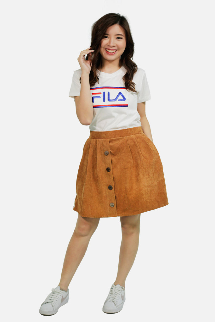 Brown cordoroy skirt with button accent and short lining