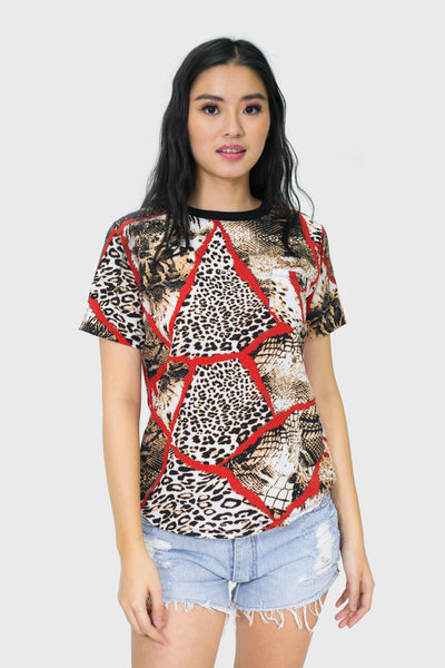 Red leopard and snake with black piping round neck