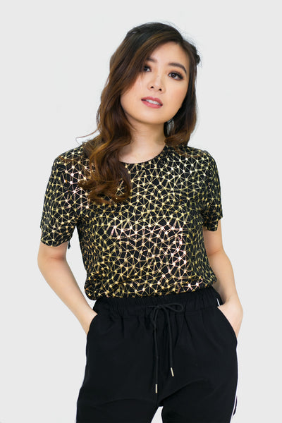 Black graphic gold sparkly top