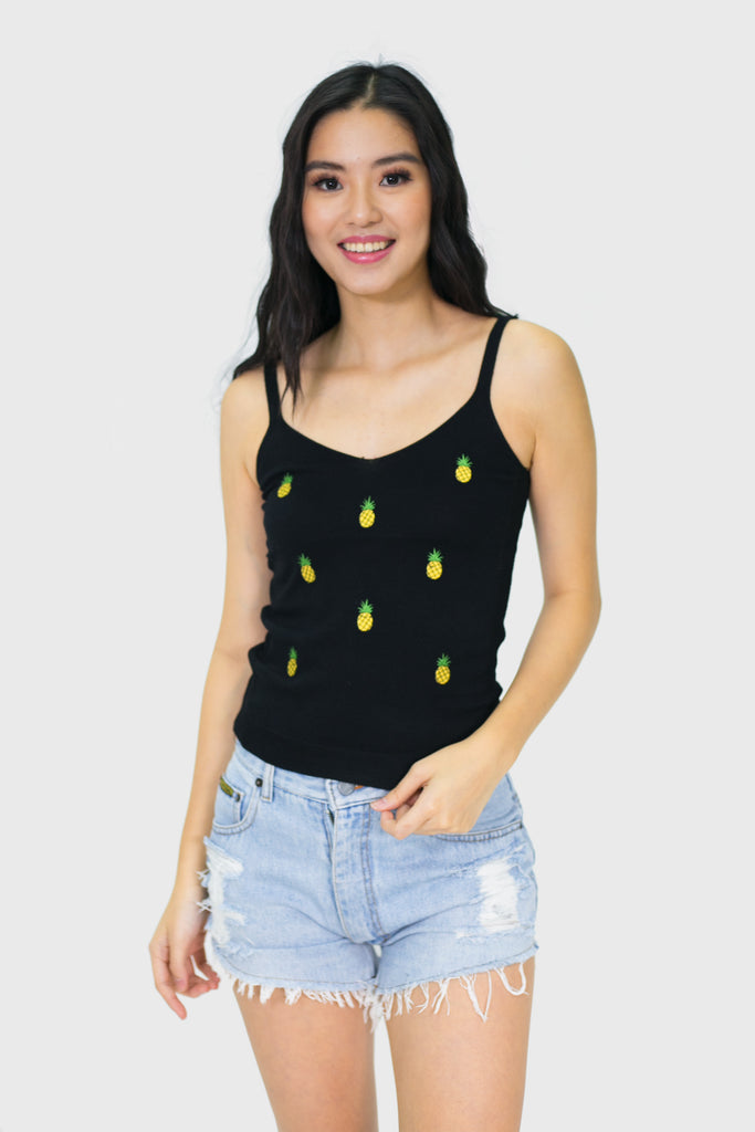 Pineapple embroidered v neck spag top