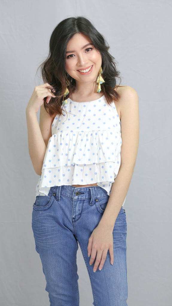 Blue polka dots spag top with tie back