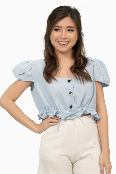 Light blue scallop sleeves crop with button accent