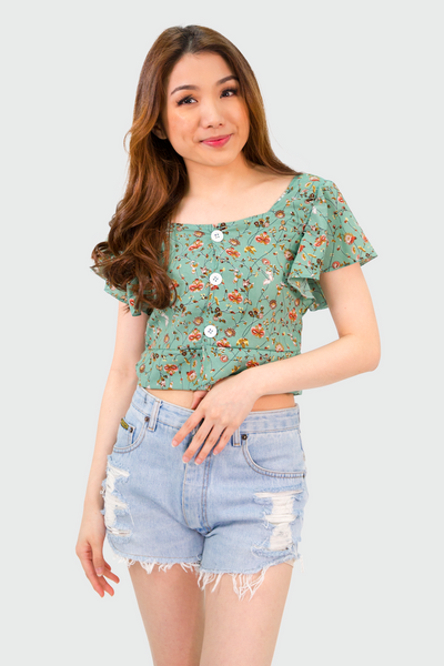 Teal Floral Flowy Sleeves Button Down