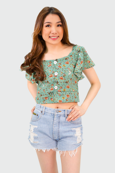 Teal Floral Flowy Sleeves Button Down