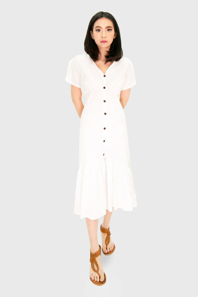 white v neck linen button accent maxi dress