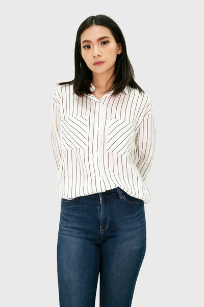 White Embroidered pin stripes long sleeves