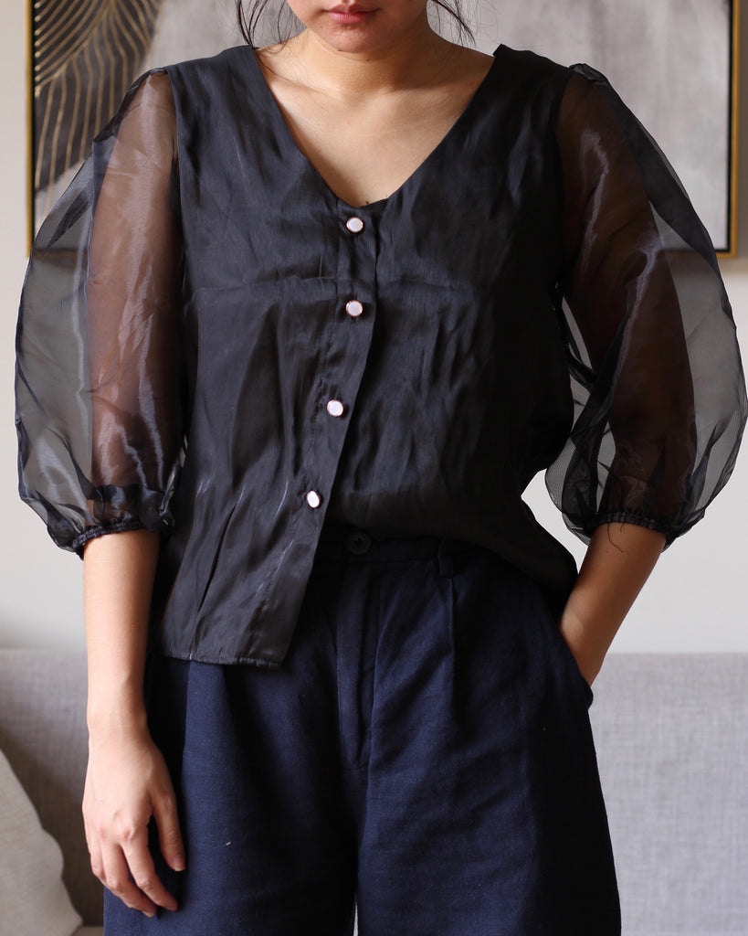 Black Button Down with Puffy Mesh