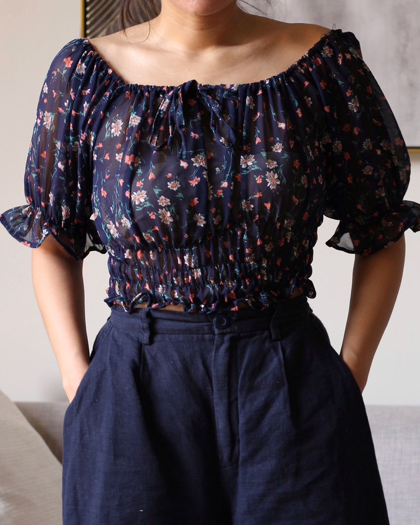 Navy Blue  Puffy Floral Sleeves